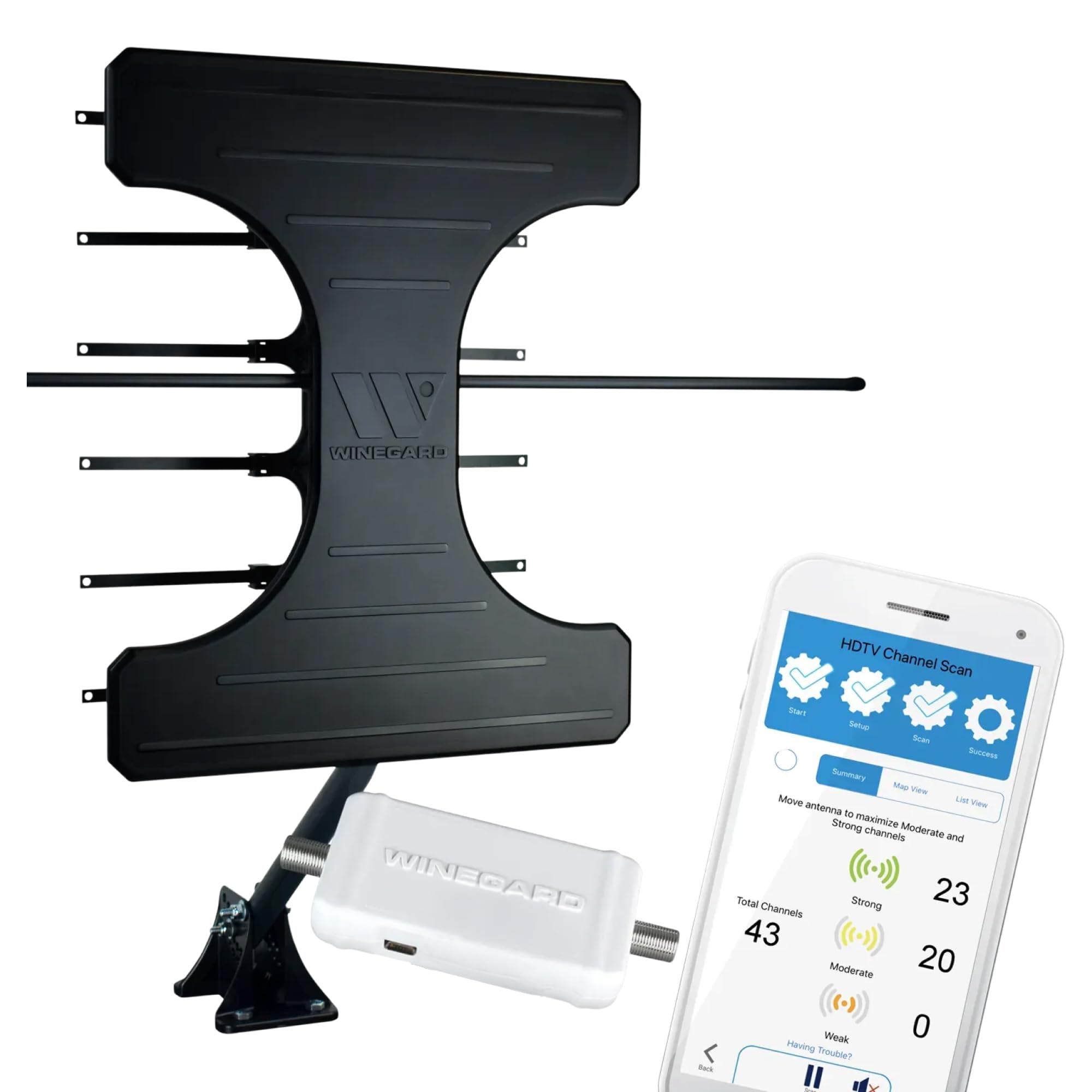 Winegard Elite Pro BW-2000 Smart Outdoor HDTV Antenna – Amplified - Bluetooth Signal Meter, Ultra-Low Noise Amplifier - 70+ Mile VHF/UHF - Wide Beam - Clear Circuit Technology - NextGen TV Compatible
